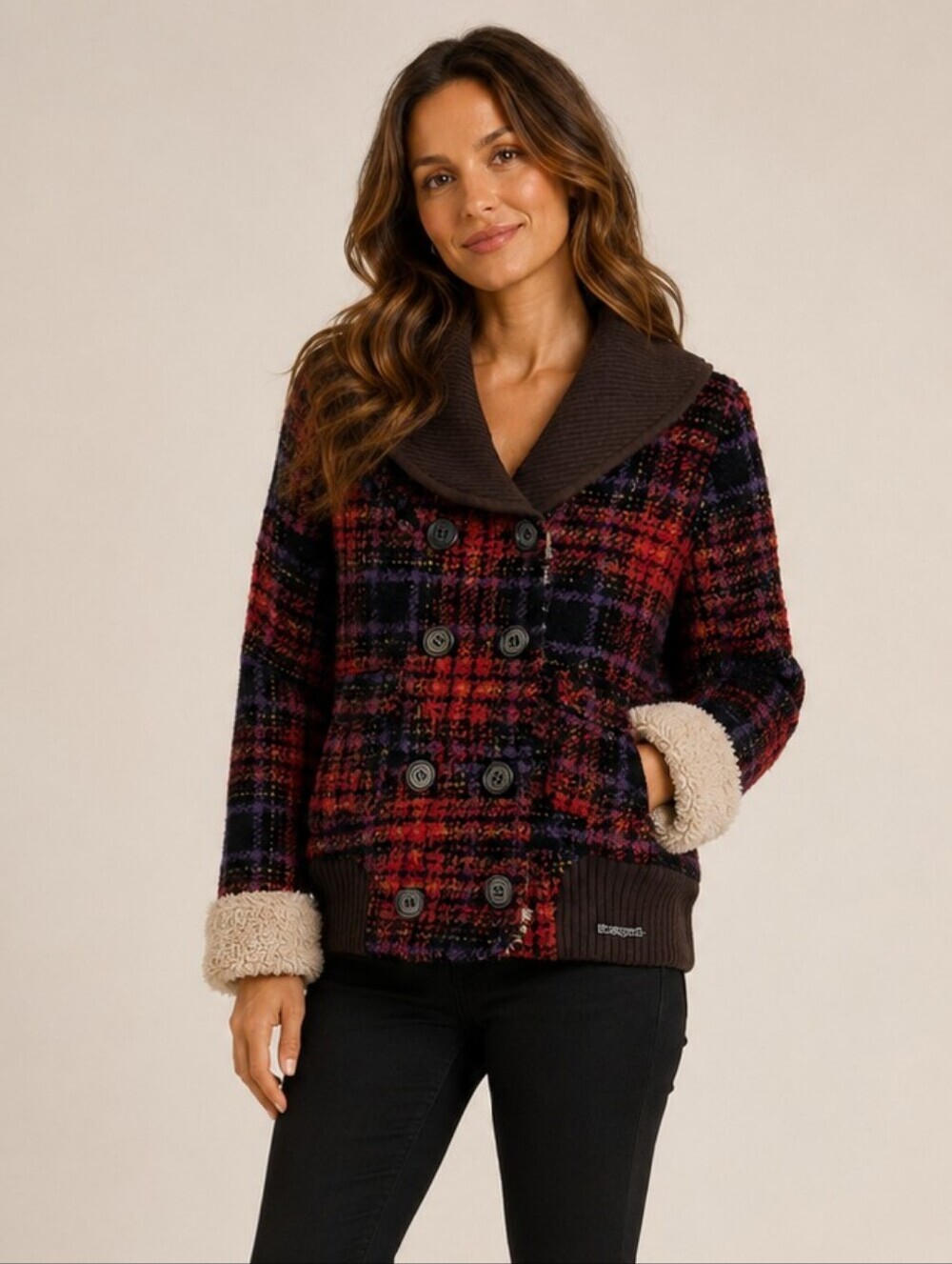 Desigual Plaid Knit Jacket Red Brown Y2K Chunky Sherpa Shawl Collar Coat 2000s